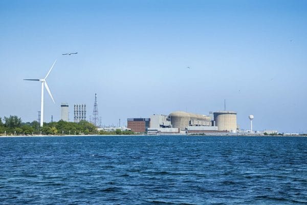Pickering Nuclear Generating Plant, view from the Lake Ontario, is located in Pickering a city just outside of Toronto Canada.
